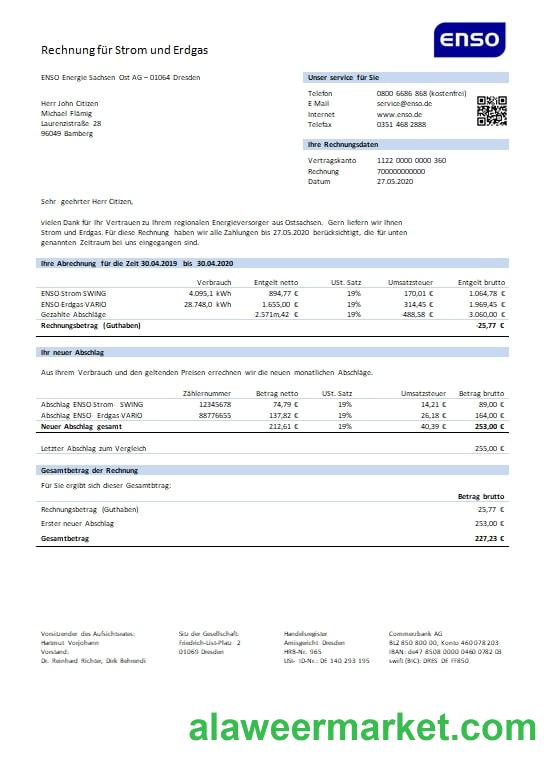 Germany ENSO rechnung fur strom und erdgas utility bill